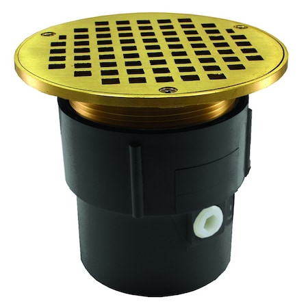 Jones Stephens 3in. x 4in. PVC Pipe Fit Drain Base with 3-1/2in. Metal Spud and 6in. Polished Brass Strainer D53029